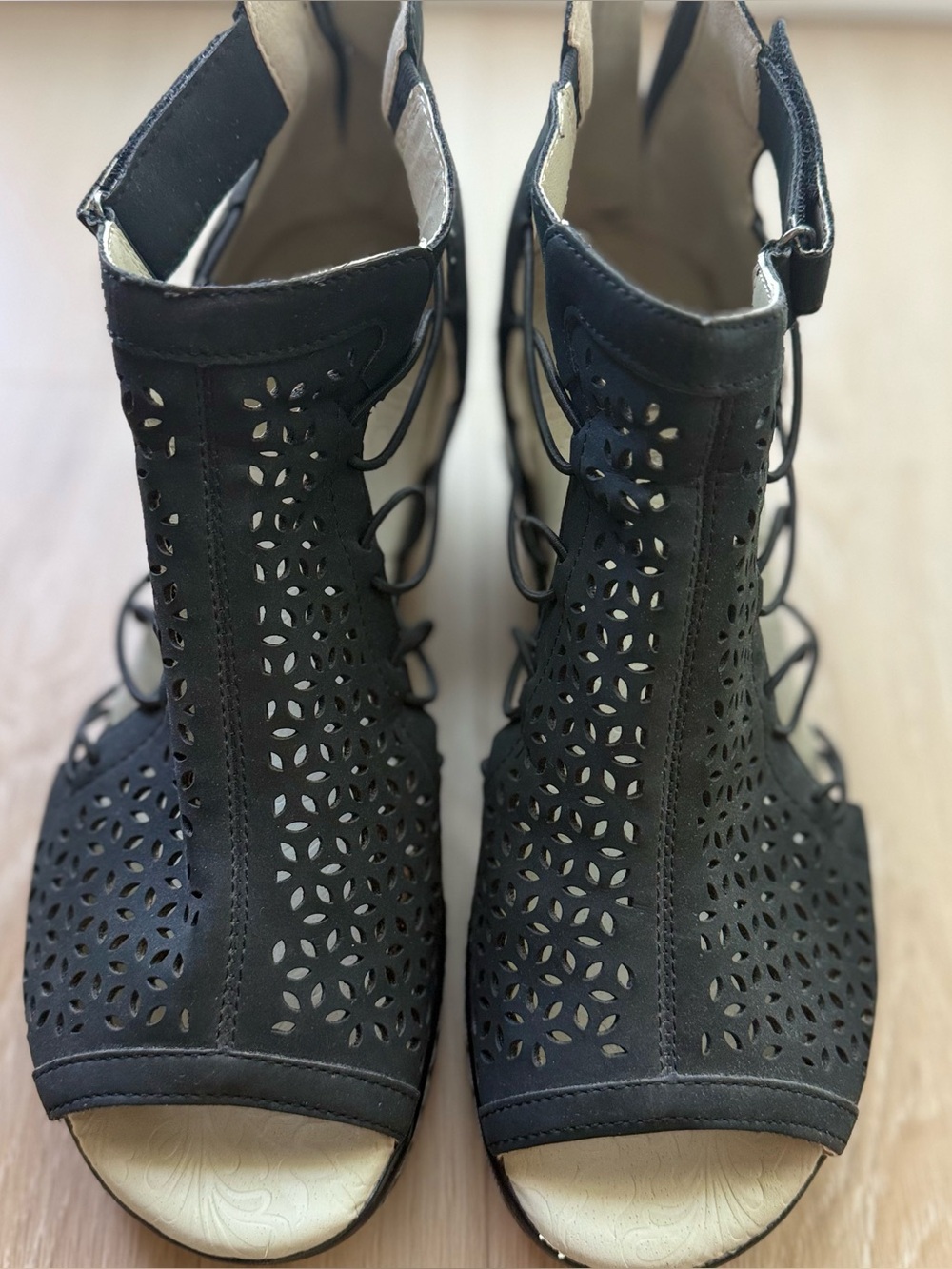 JBU Black Laser-Cut Lace-Up Peep-Toe Sandals